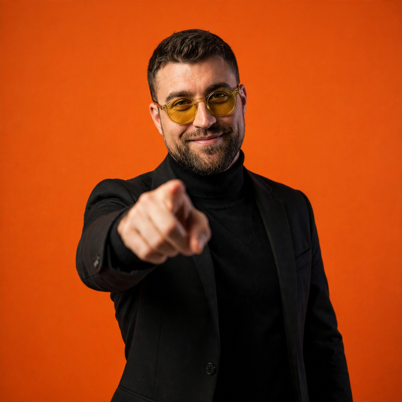 Man pointing on orange background