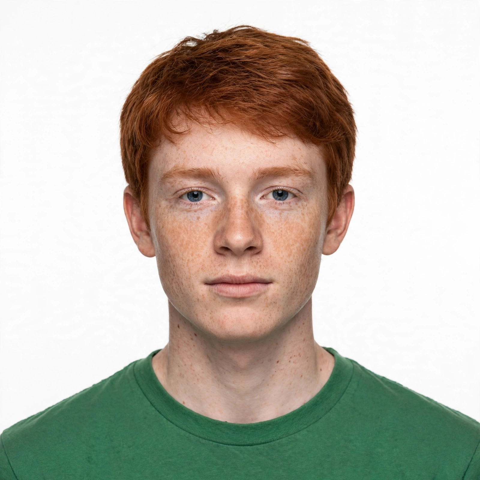 Passport-style headshot of a redhead