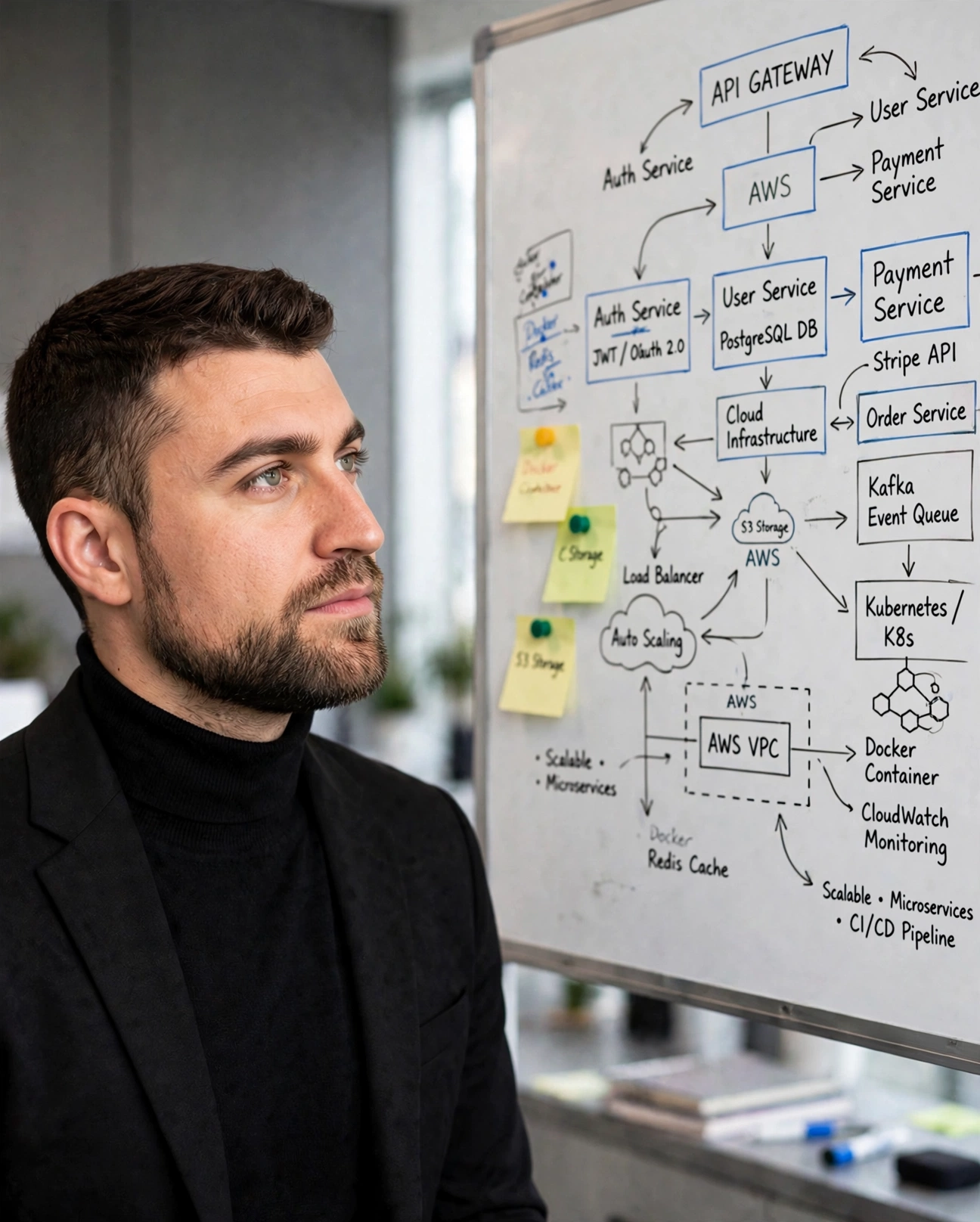 Software engineer reviewing a whiteboard